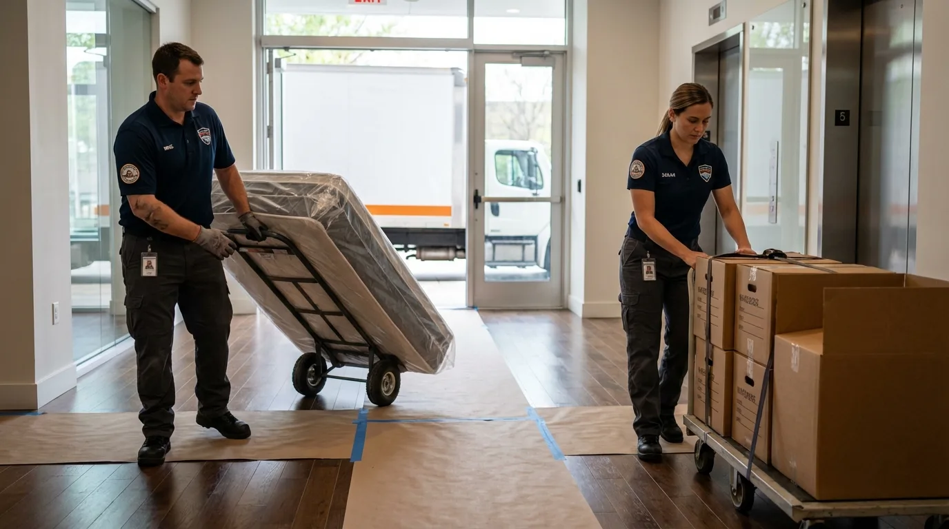 Professional apartment movers loading elevator in Saranac Lake, NY